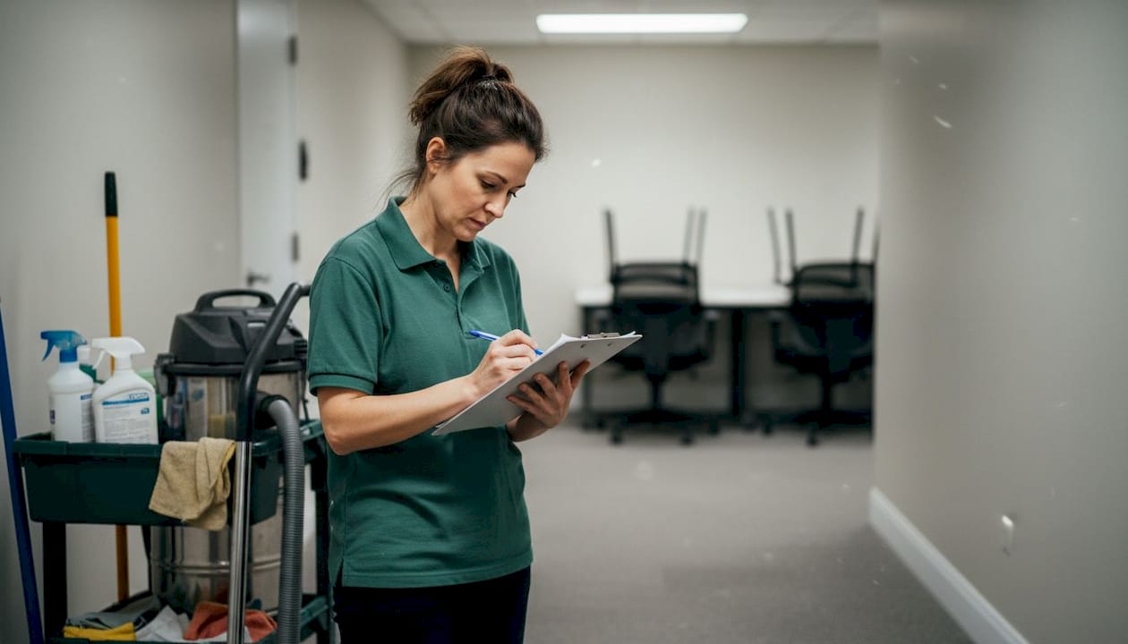 Cleaner marking office checklist by supply cart