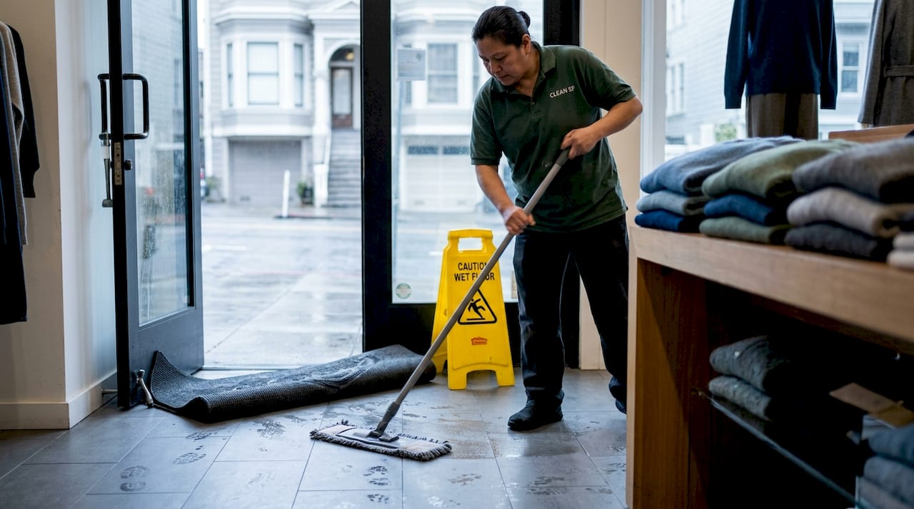 Worker mopping busy retail entry floor