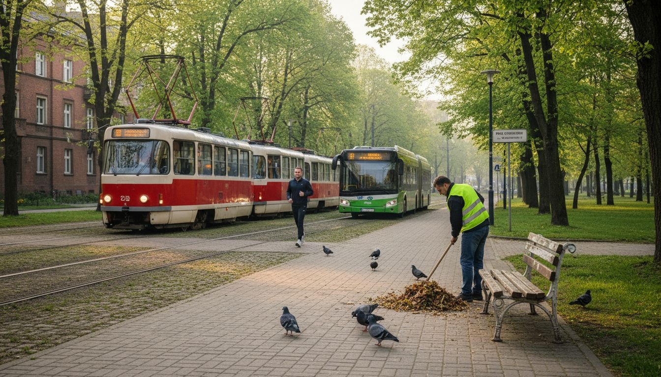 Przez park w Łodzi co chwilę przejeżdżają tramwaje i autobusy.