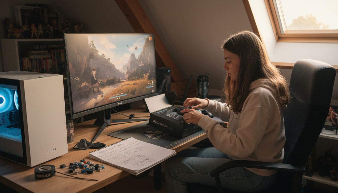 Teen unboxing mouse in gaming room