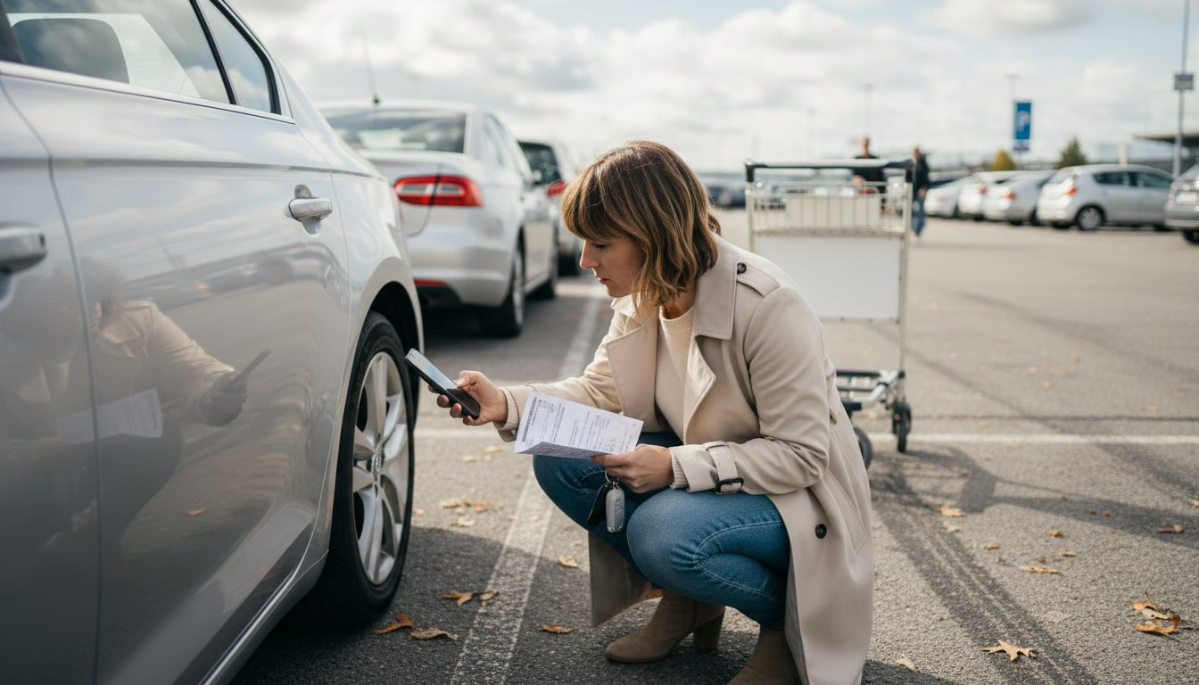 Traveler inspecting rental car for damage