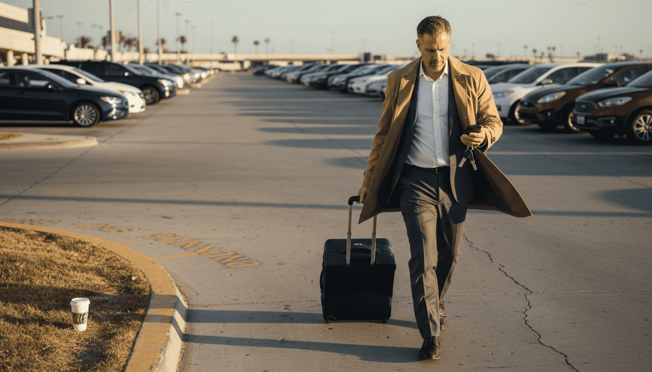 Traveler walking to rental car at airport curb