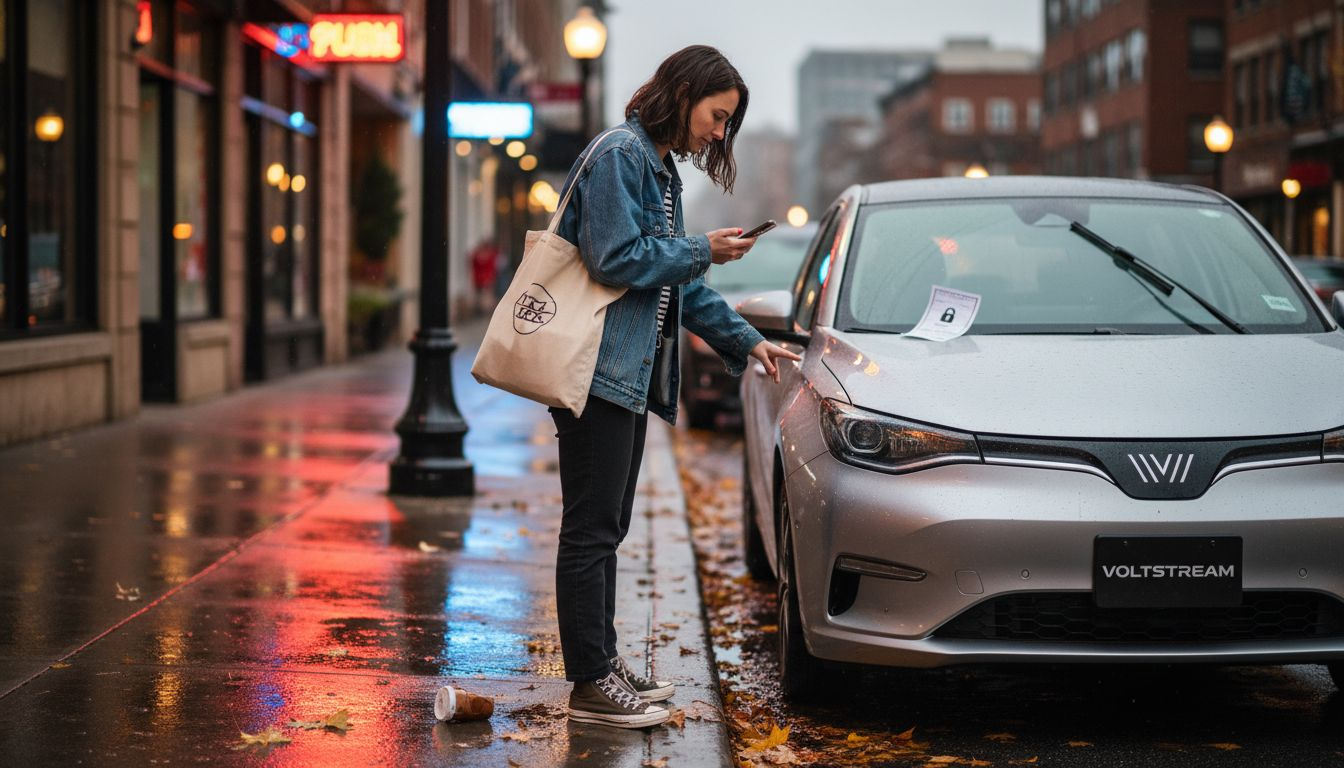 Young woman unlocks shared car with phone