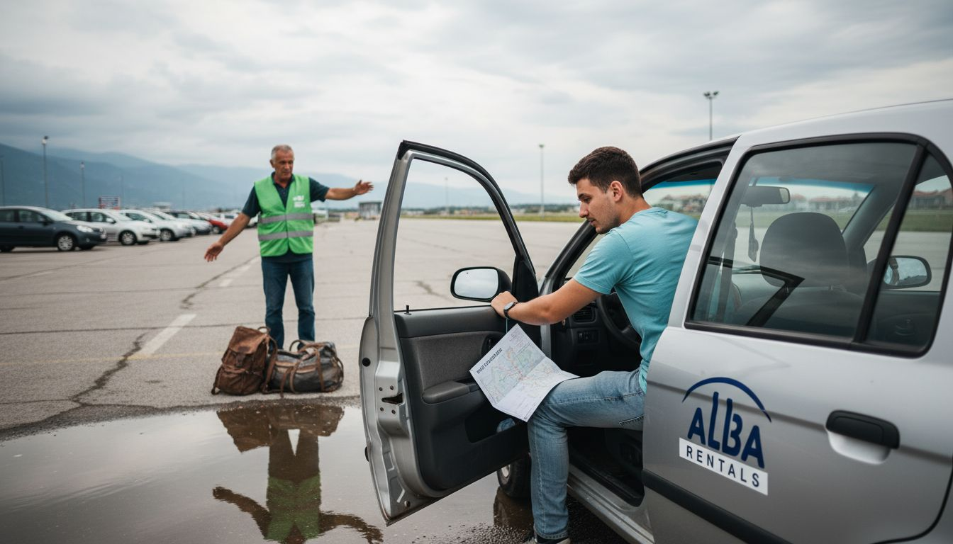 Traveler checking car features at airport lot