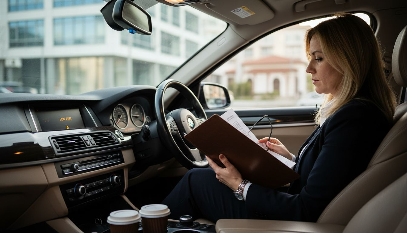 Executive reading documents in premium car interior
