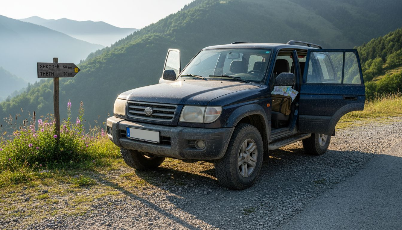 SUV parked on gravel road in Albanian mountains