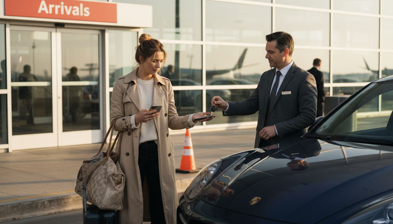 Woman receives keys for luxury car at airport