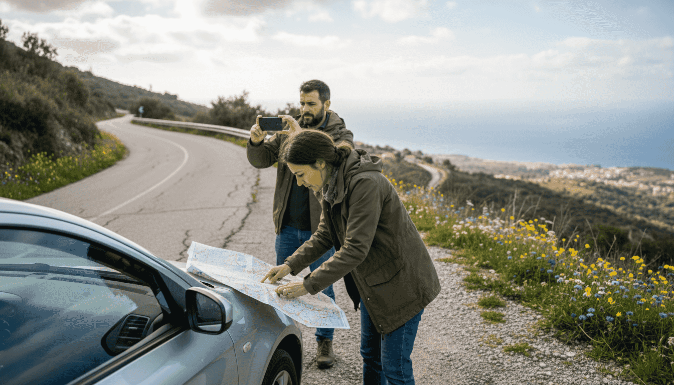 Travelers reviewing map during roadside detour
