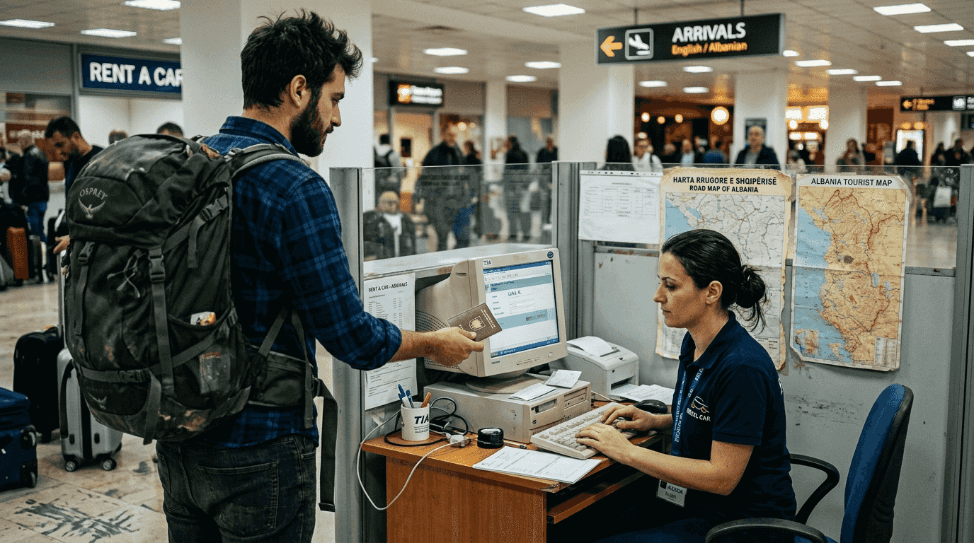 Traveler at airport rental desk in Albania
