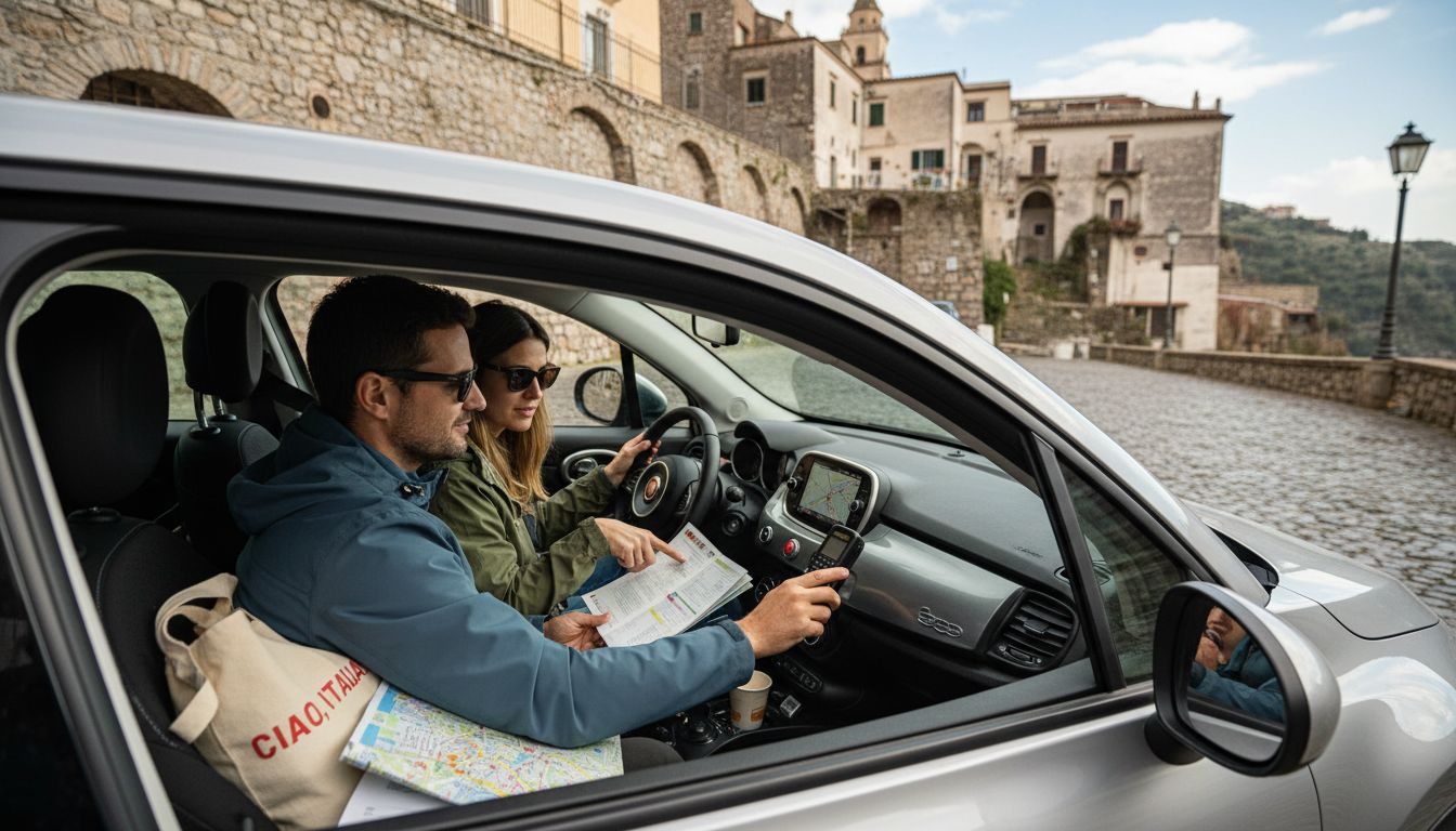 Couple navigating rental car in Italian village