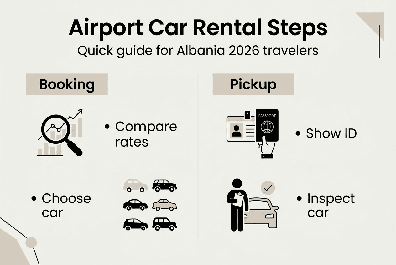 Infographic on steps for airport car rental in Albania