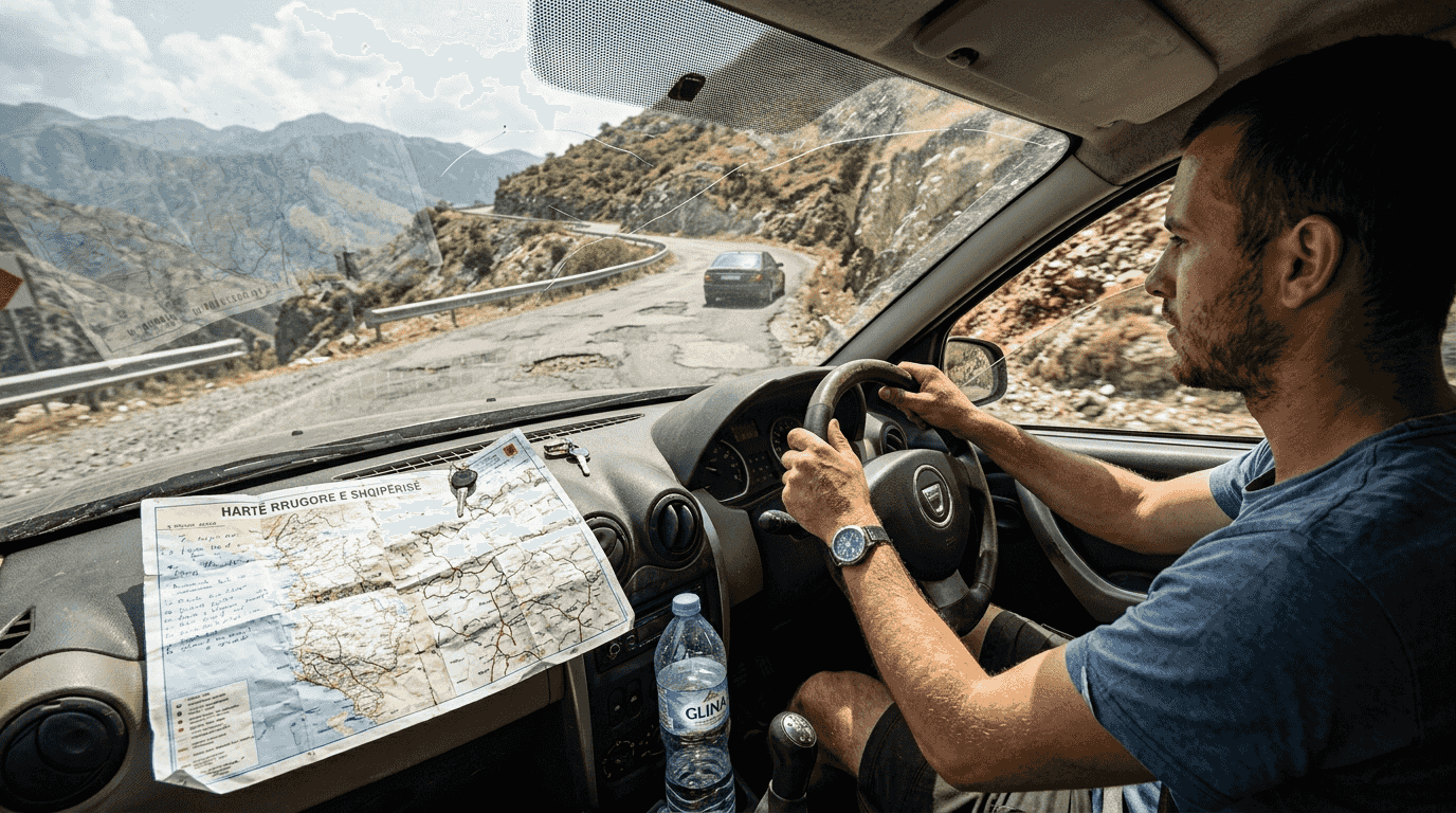 Driving a rental SUV on rough Albanian road