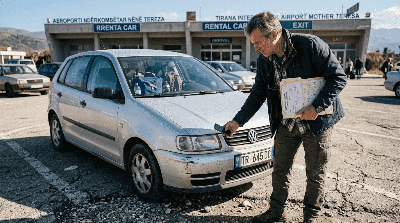 Traveler inspecting rental car for damage