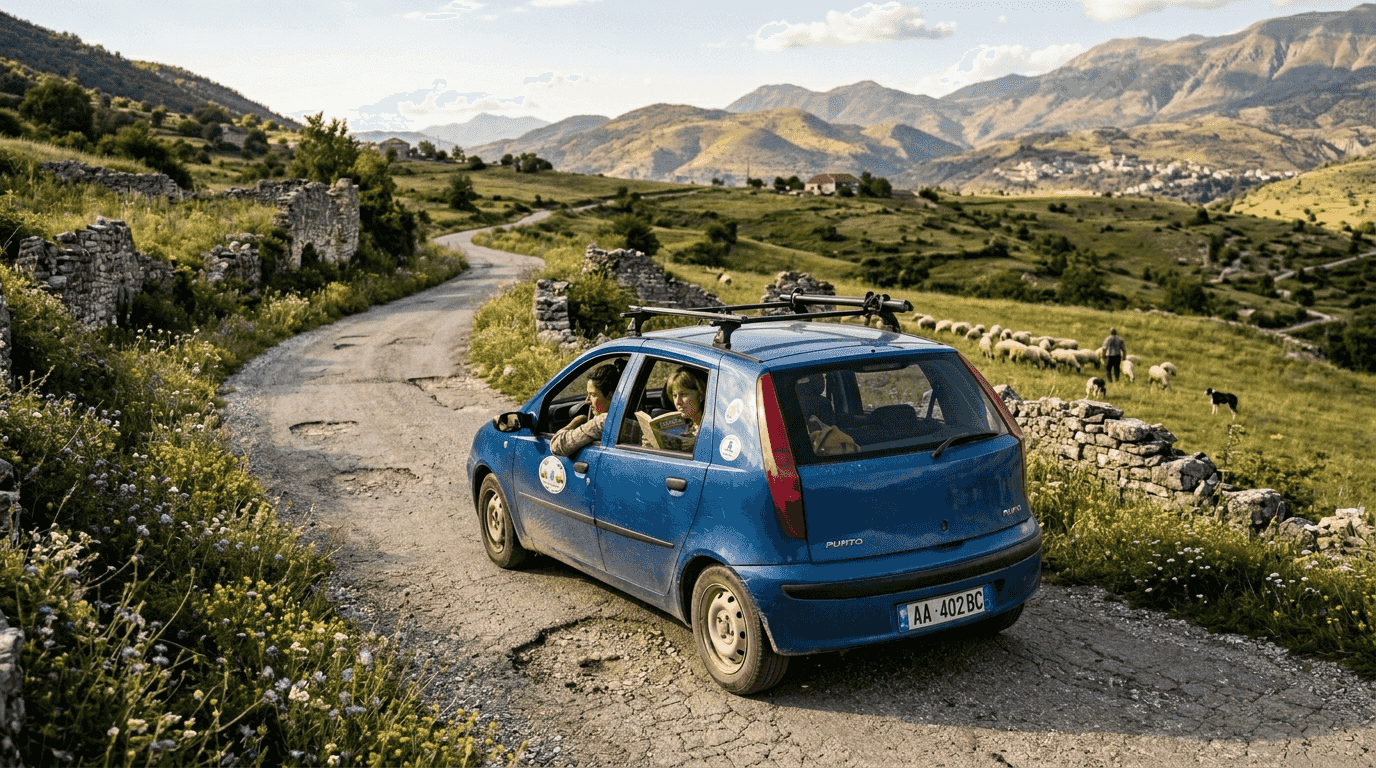 Car on rural road in Albanian countryside