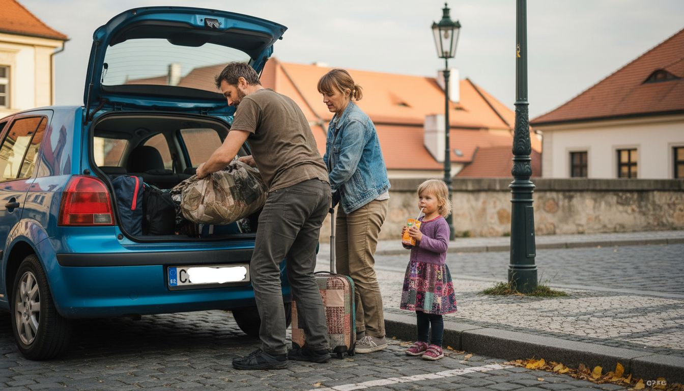 Family loading luggage into rental hatchback