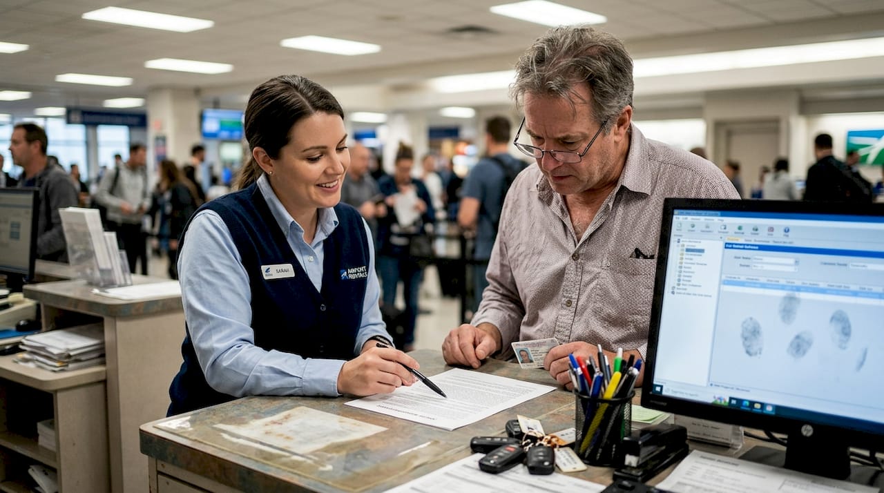 Rental agent explaining contract to customer