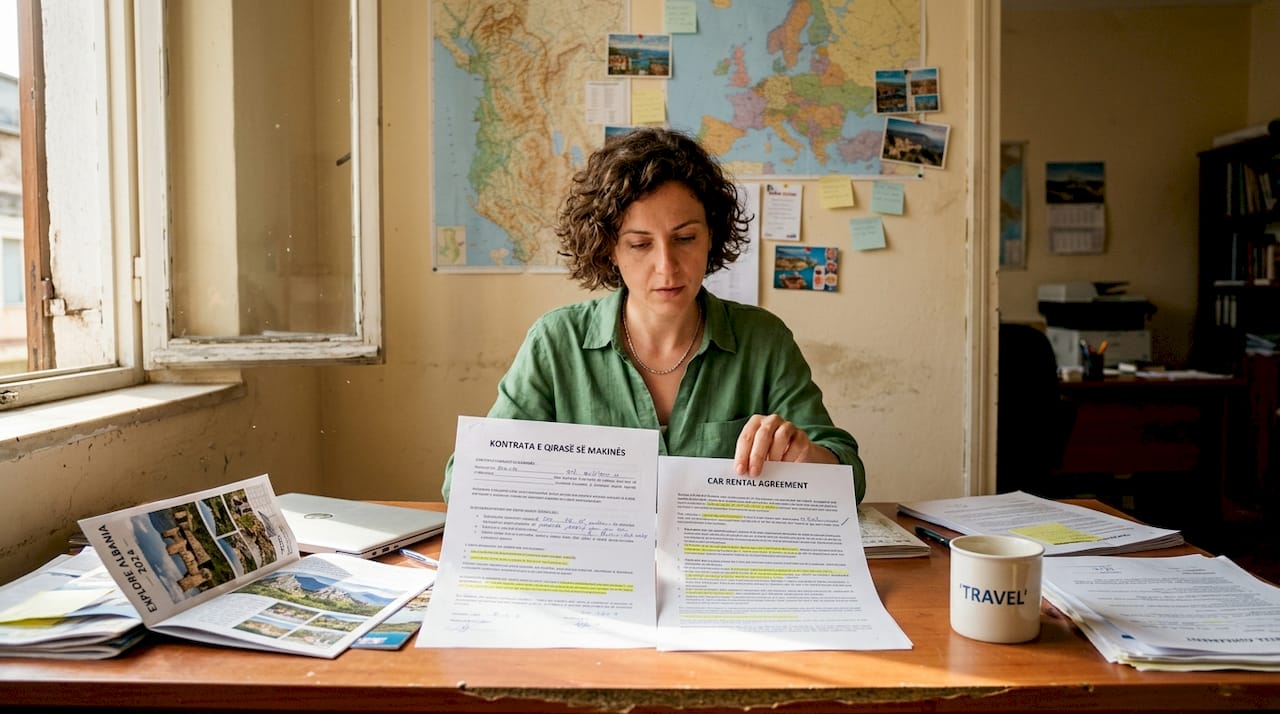 Travel agent comparing car rental contracts