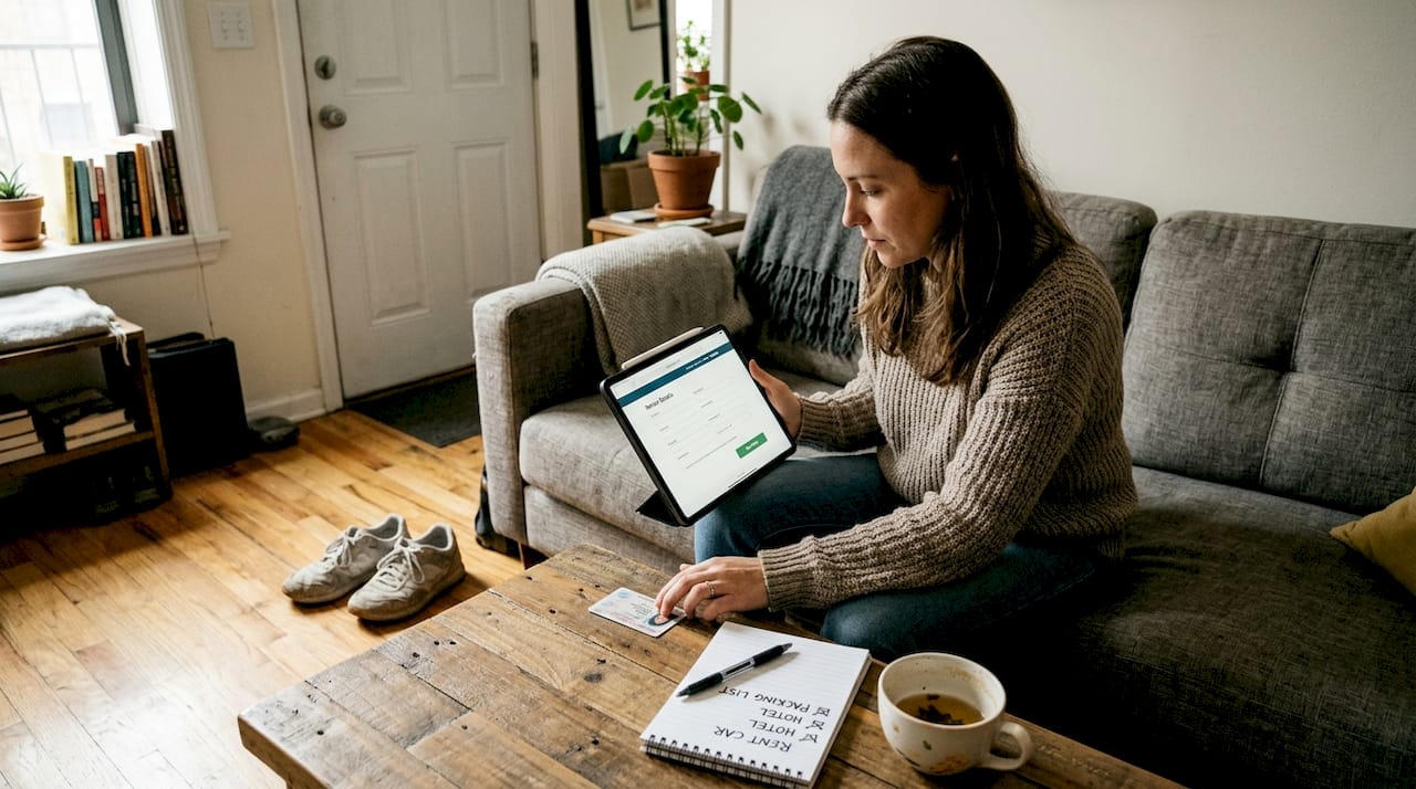 Woman filling online car booking form at home
