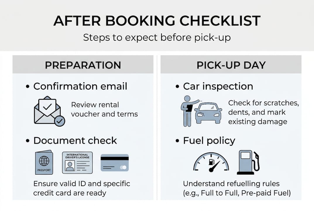 Infographic showing steps after car rental booking