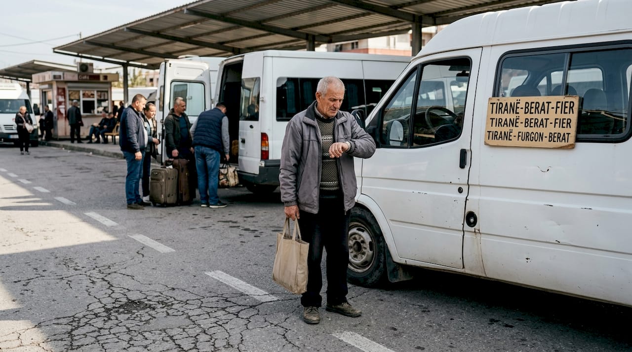 Passengers waiting by furgon at bus station
