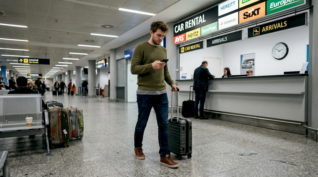 Traveler collecting rental car at airport desk