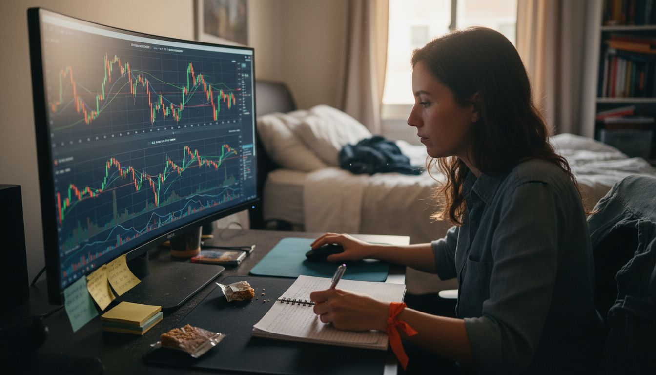 Trader executing trades at multi-screen setup