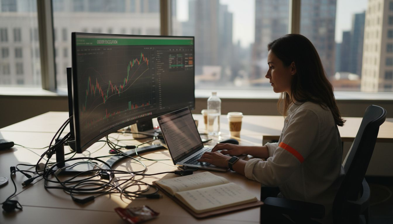 Woman updating trading software at workstation