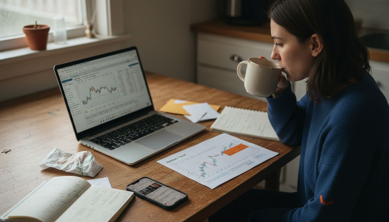 Woman tracking market indices at table