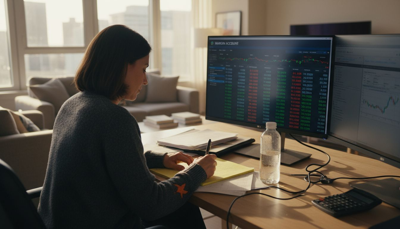 Trader monitoring screens at organized desk