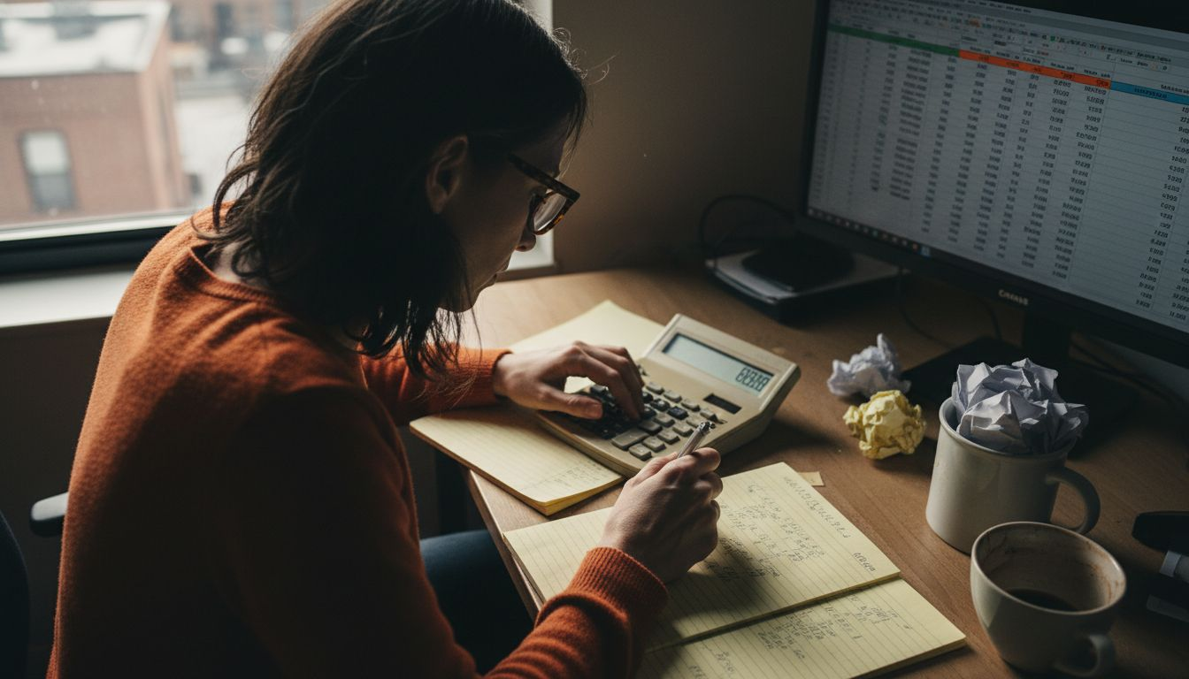 Trader calculating risk with desk calculator
