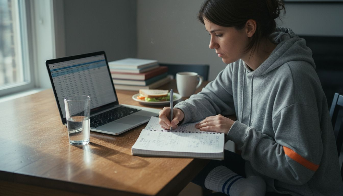 Trader calculating risk to reward at table
