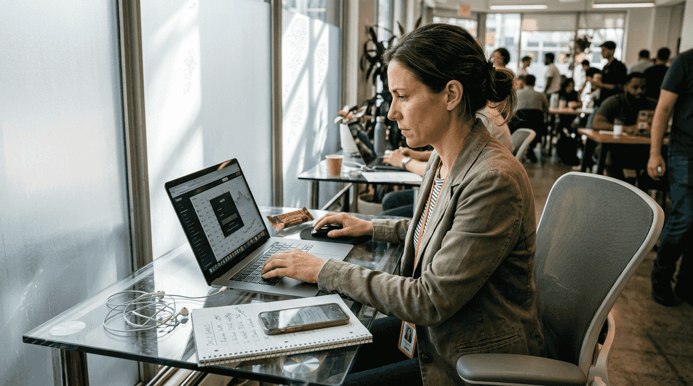 Trader accessing instant funding account in coworking space