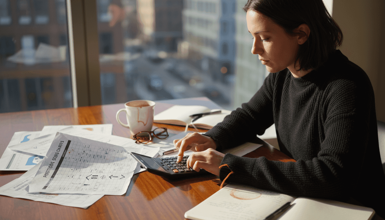Woman calculating position sizing at desk