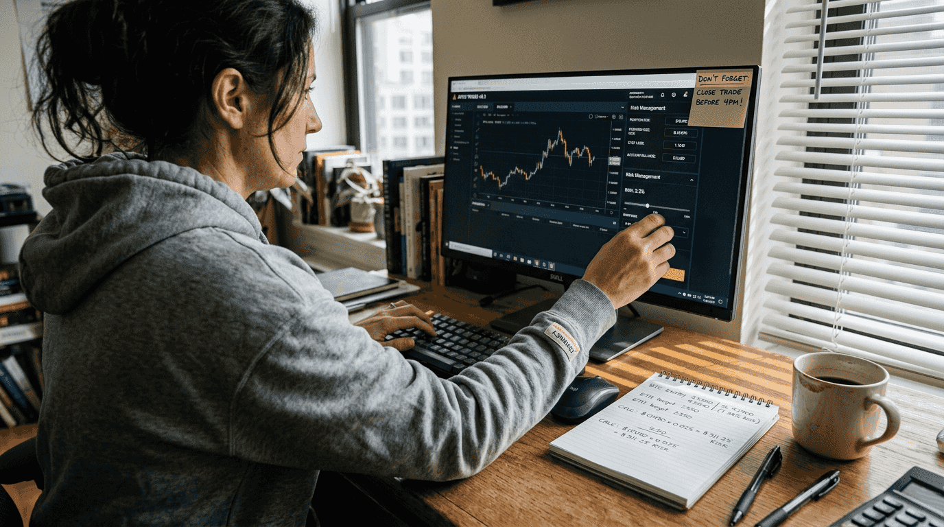 Trader managing risk at home desk