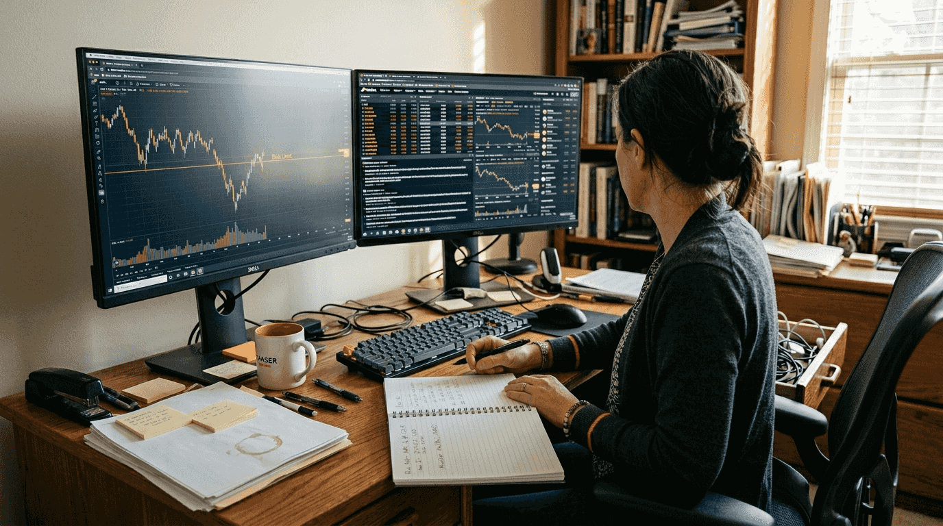 Trading desk with risk management tools visible