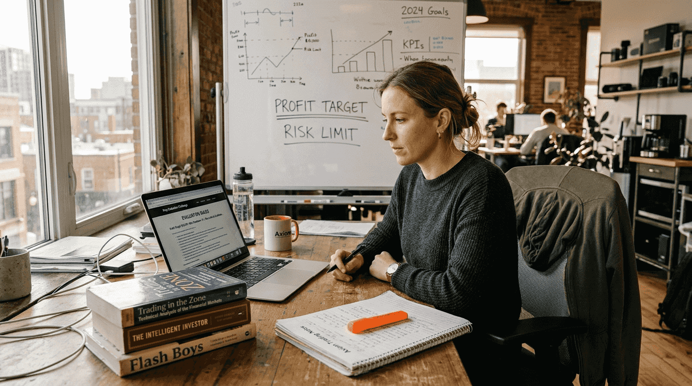 Trader studying evaluation rules at workspace