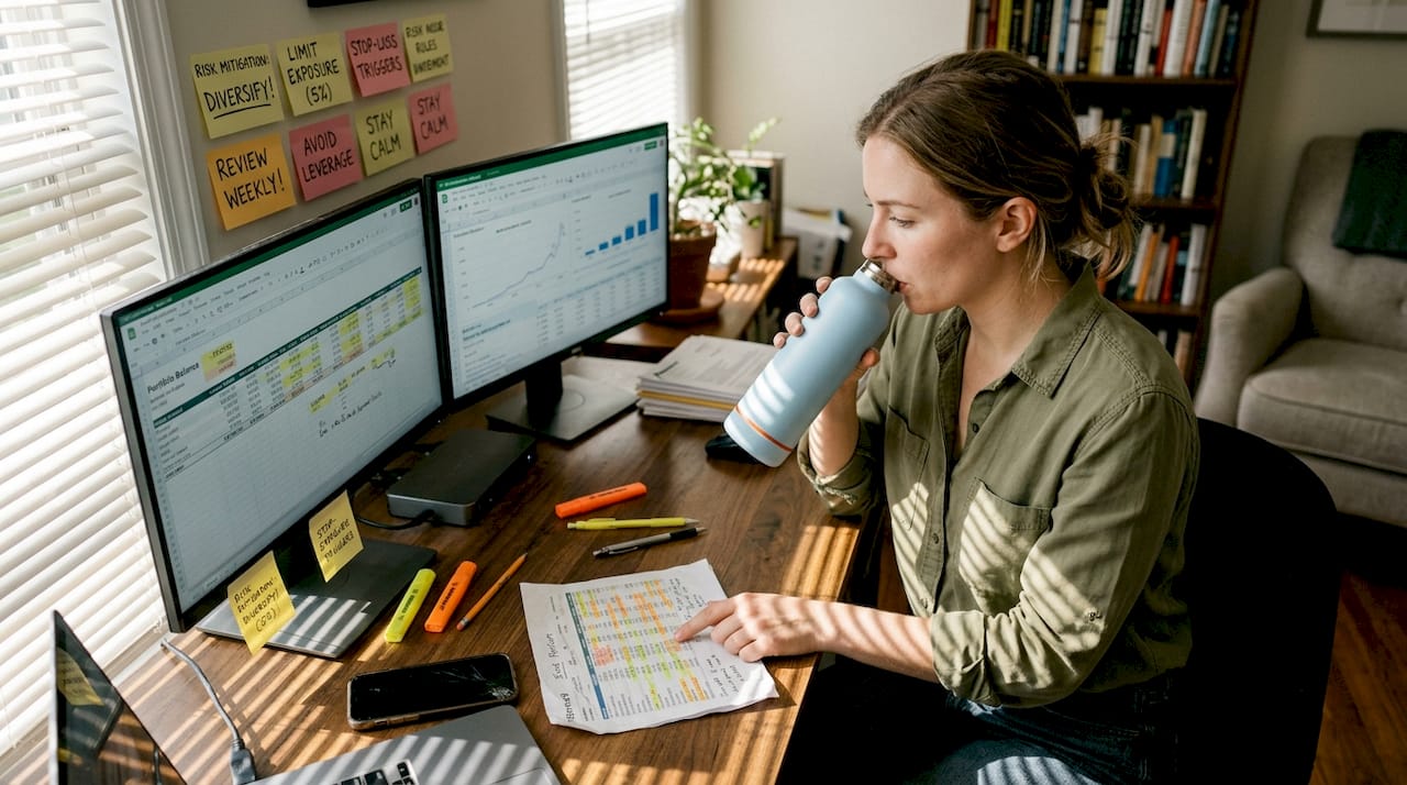 Trader reviews risk rules by computer monitors