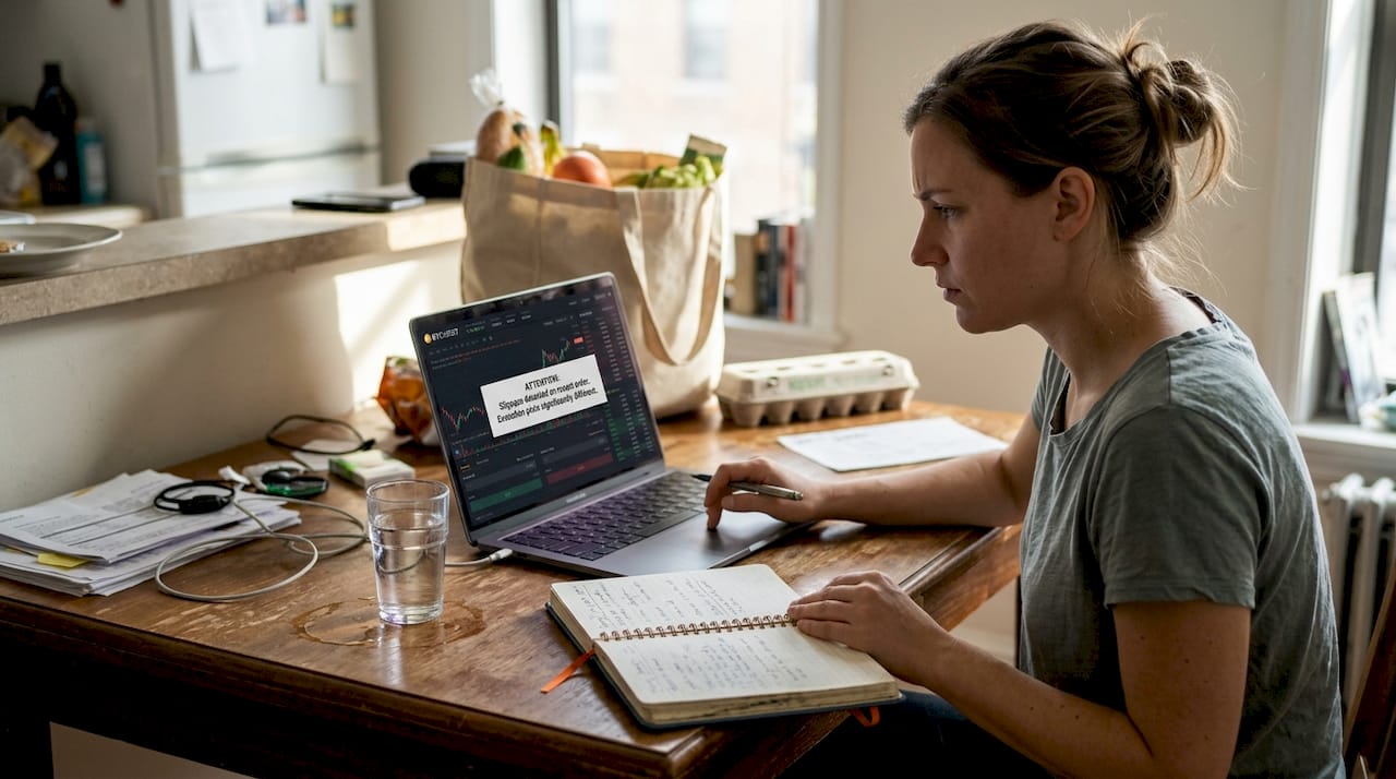 Crypto trader updating journal after slippage event