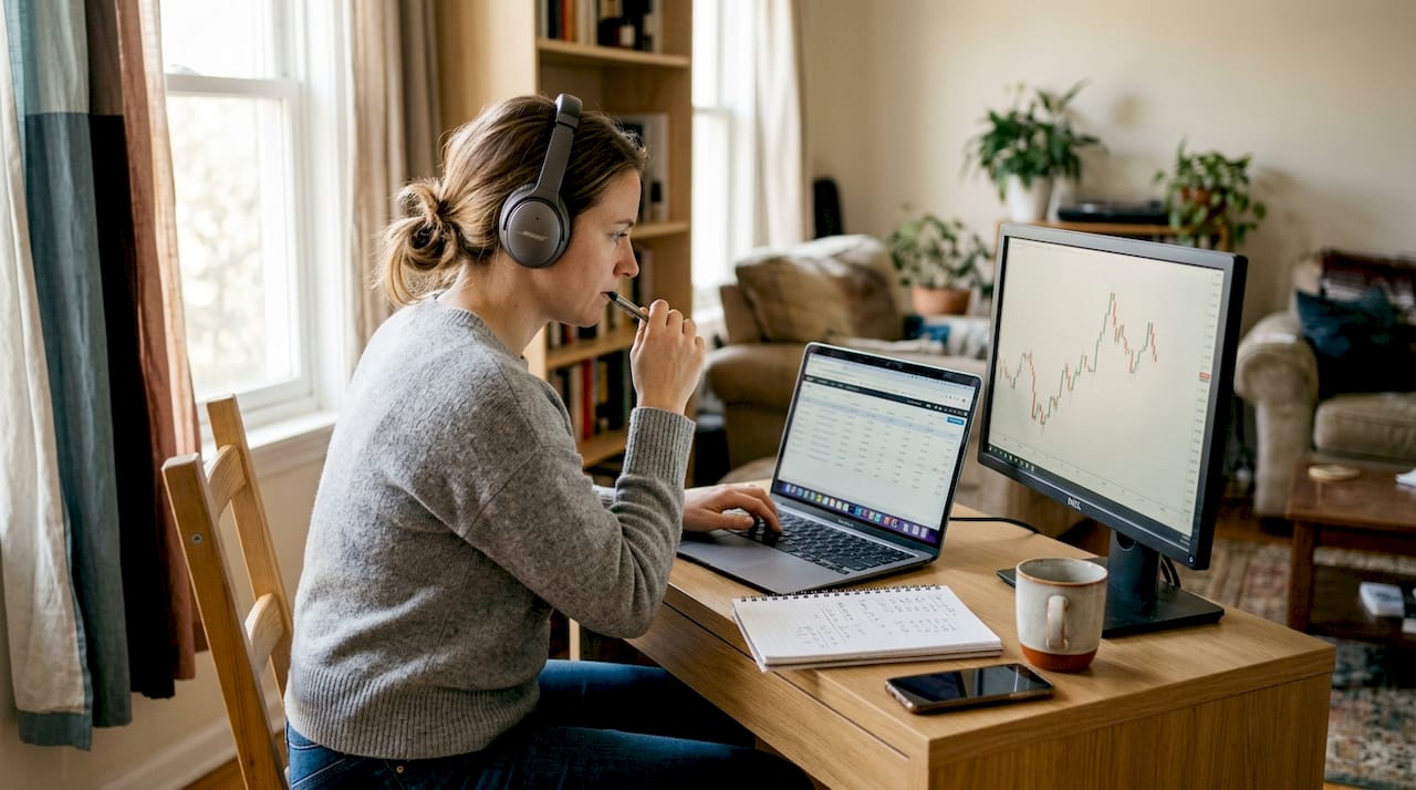 Retail trader at home desk reviewing trades