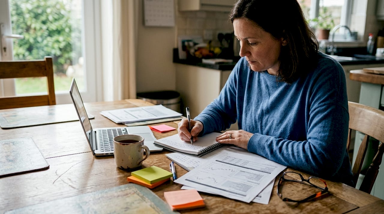 Woman journaling simulated trade results