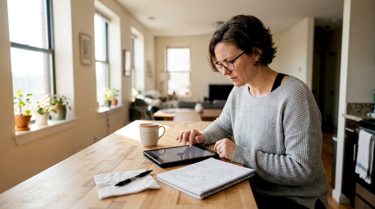 Woman reviewing losses at kitchen workspace