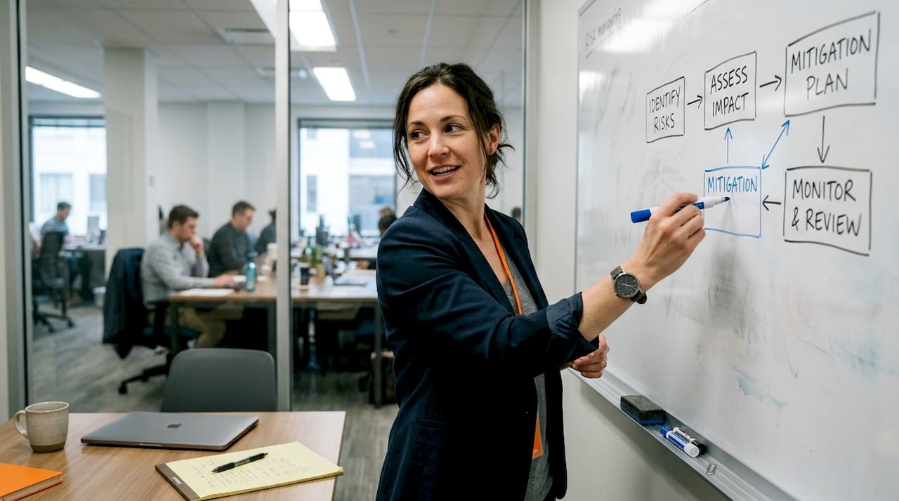 Woman explaining risk management at whiteboard