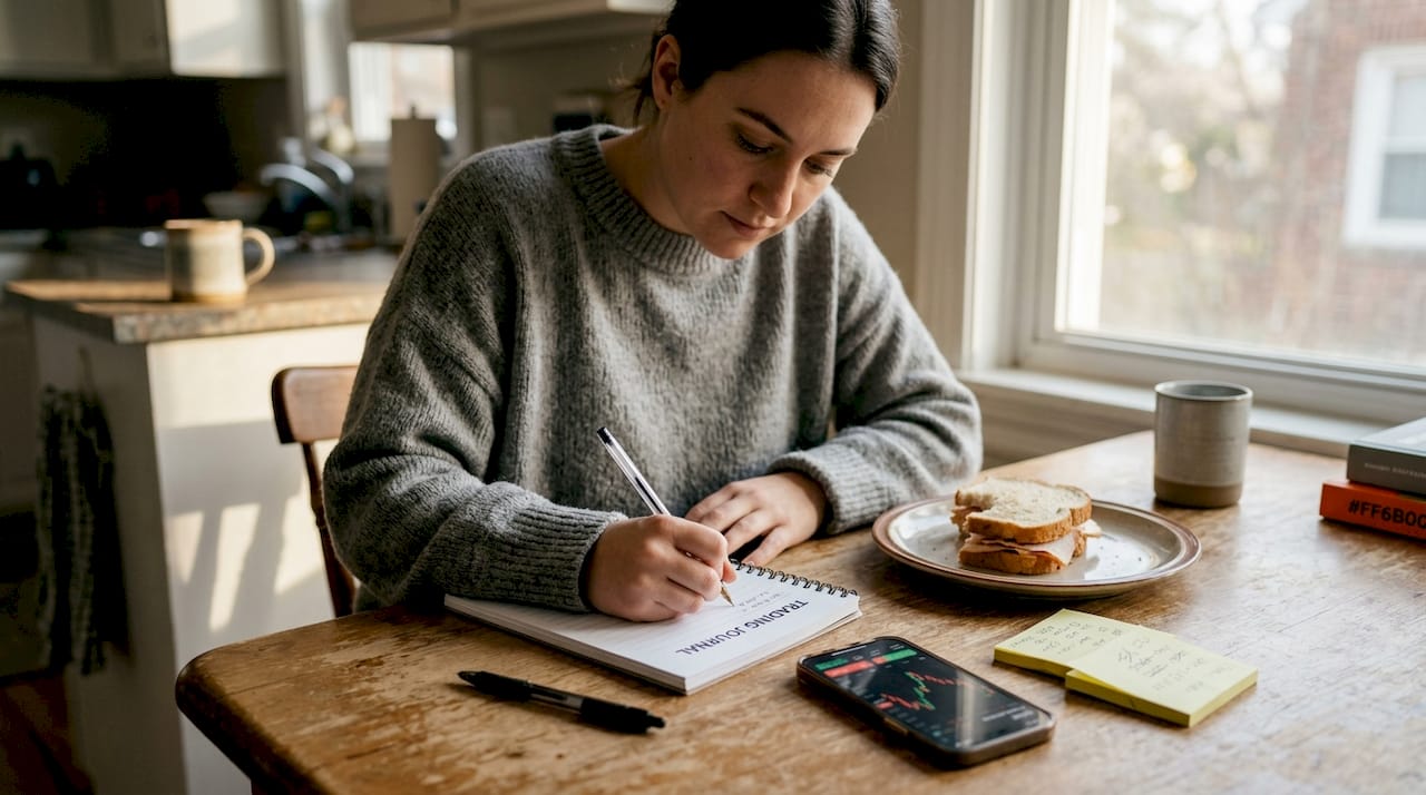 Woman journaling next to kitchen trading setup
