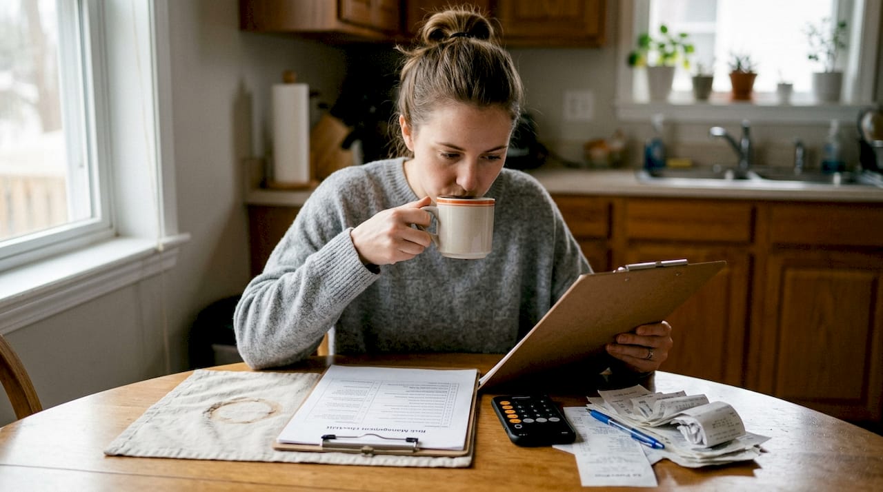 Trader reviewing risk checklist in home kitchen