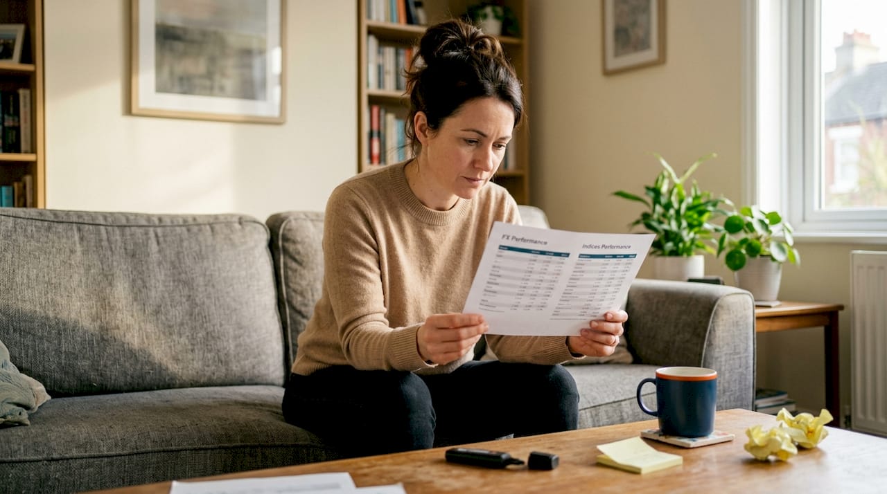 Woman compares two trading performance tables