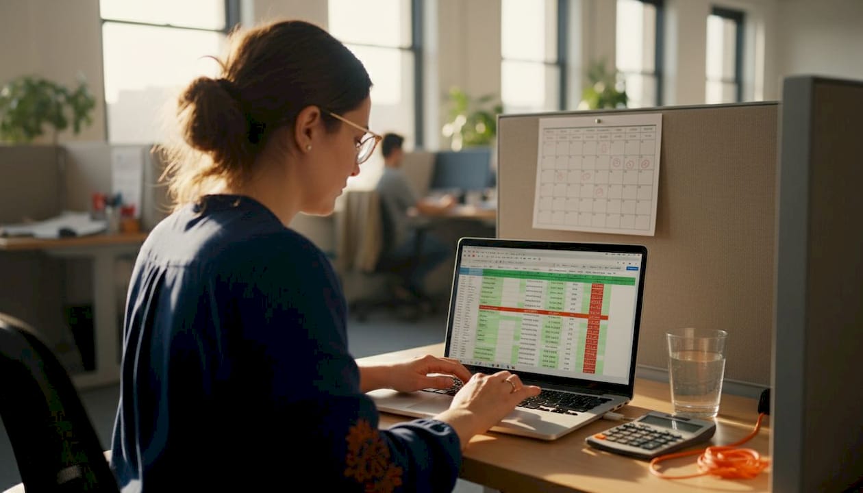 Focused trader managing risk spreadsheet