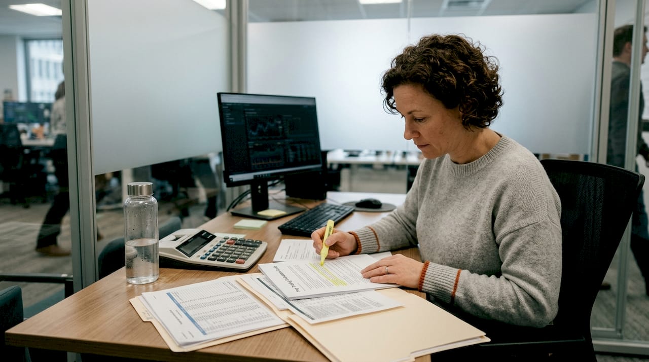 Prop trader studying funding evaluation materials in office