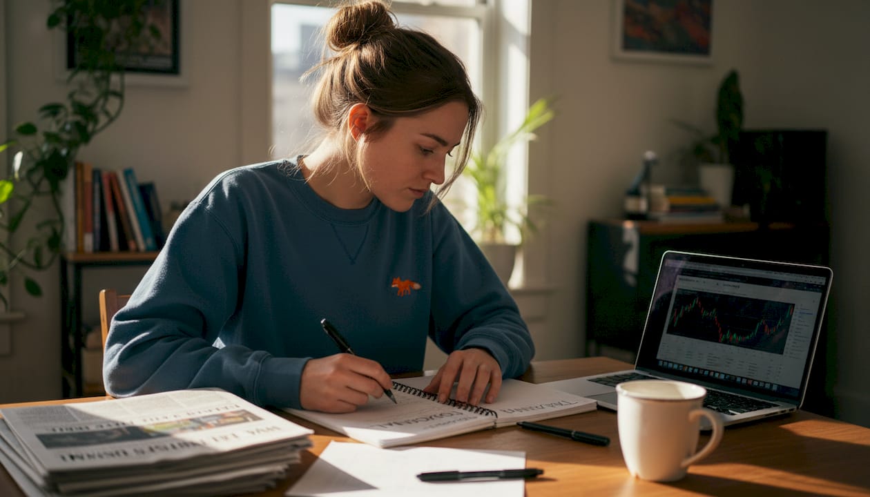 Woman checking trading notes at dining table