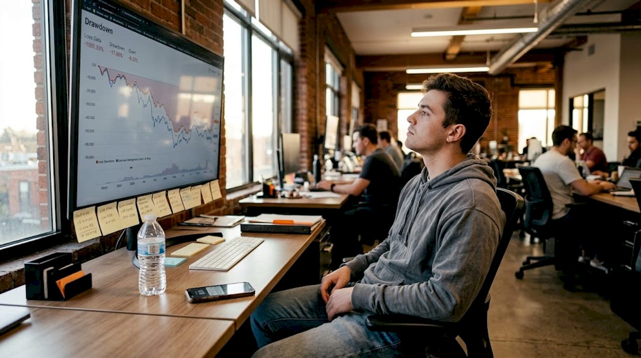 Day trader watching drawdown chart monitor