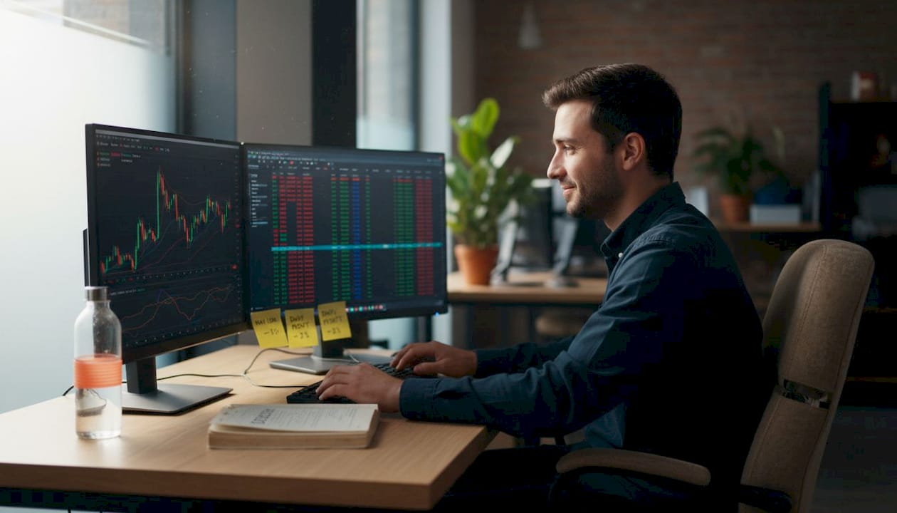 Trader at workspace viewing FX and crypto screens